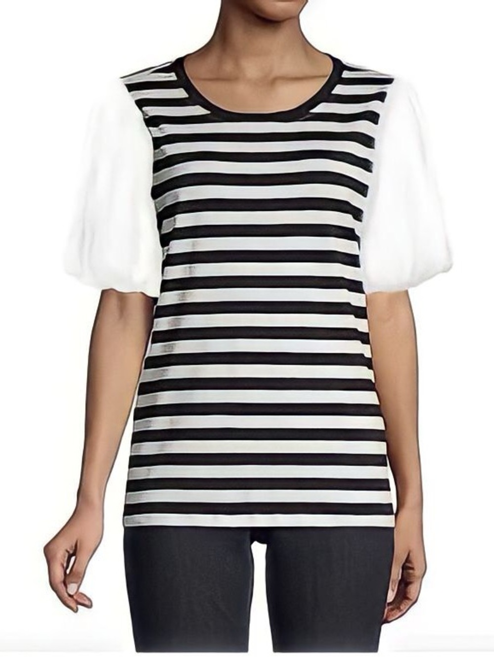 Karl Lagerfeld Black and White Striped Puff Sleeve Tee